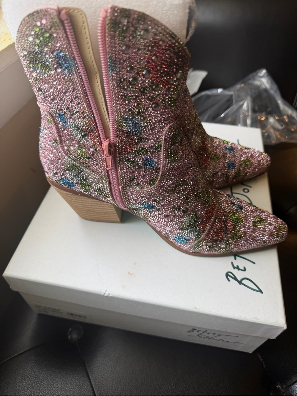 Betsey Johnson Pink Crystal Floral Ankle Booties - Picture 1 of 3